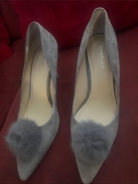 Charlies Gray Suede Pointed-Toe Pumps with Pom Pom